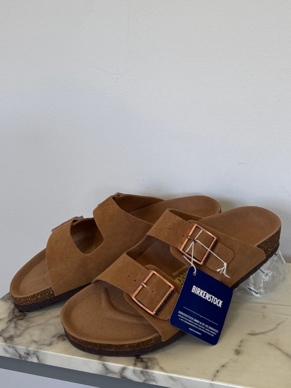Birkenstock Arizona Sandals in Brown Suede with Rose Gold Buckles